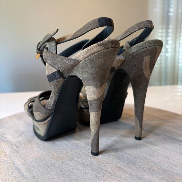 YSL Yves Saint Laurent Camouflage Green Suede Tribute Stiletto Heels Size 7.5 - Picture 11 of 14